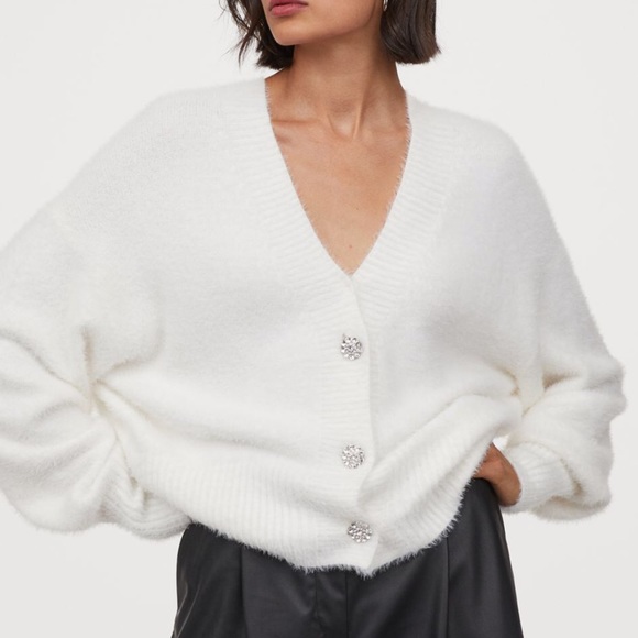 H&M fluffy cardigan rhinestone buttons - Picture 2 of 9